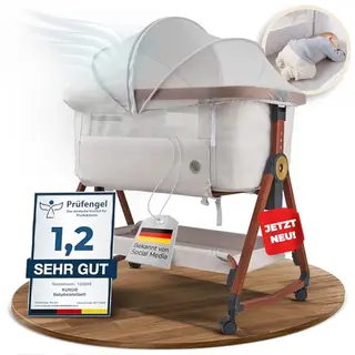 KUNU® Babybett - Beistellbett mit Rollen 3 in 1 - Höhenverstellbare Reise Babywiege inkl. Reisetasche