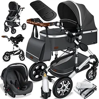 KESSER® 3 in 1 Kinderwagen Set mit Babywanne, Buggy & Babyschale, Asphalt Grau/Silber