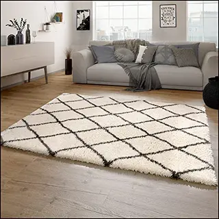 Paco Home Hochflor Teppich Wohnzimmer Shaggy Skandinavisches Rauten Muster 160x230 cm Creme