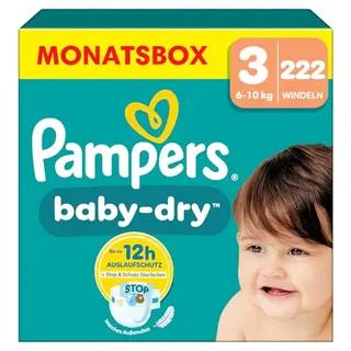 Pampers Baby-Dry Größe 3, 222 Windeln, für Babys 6-10 kg, Auslaufschutz & Komfort über Nacht
