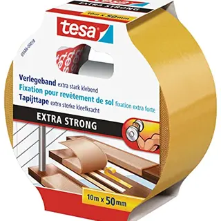 tesa Doppelseitiges Klebeband 10 m x 50 mm – Extra stark für Teppich und PVC-Belag