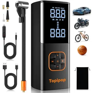 Topipop Elektrische Luftpumpe, Akku Kompressor für Auto, Fahrrad und E-Scooter, Tragbare Pumpe mit Powerbank und Notlicht