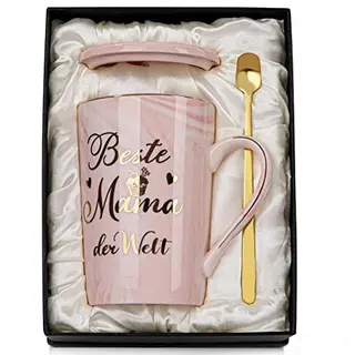 Lustige Tasse für die beste Mama - 400ml Rosa Marmor mit Goldaufdruck, inkl. Deckel, Löffel und Grußkarte
