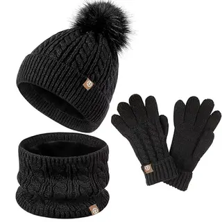 fdsmall Kinder Winterset: Hut, Schal und Handschuhe, Dicke gestrickte Gaiter mit Kunstfell (Schwarz)