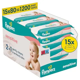 Pampers Sensitive Baby-Feuchttücher, 15 Packungen mit 80 Tüchern, 1200 Stück – sanfte Reinigung & Hautschutz