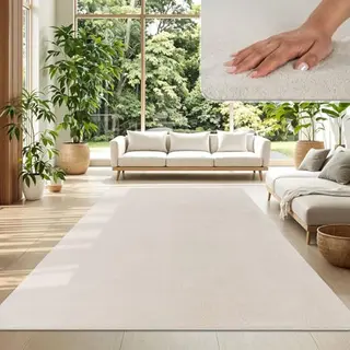 TT Home Teppich Wohnzimmer Creme 140x200 cm, Waschbar & Kurzflor