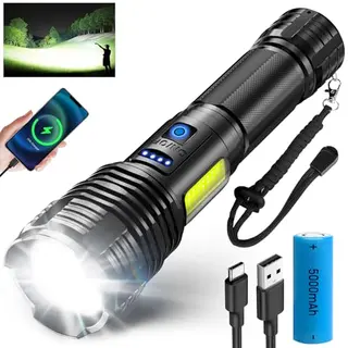 SIDARK LED Taschenlampe, 500000 Lumen, aufladbar, 9 Modi, zoombar, wasserdicht & seitliches Licht für Outdoor & Notfälle