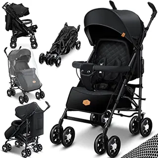 KIDIZ® Kinderwagen City-Pro Buggy - Klappbarer Liegebuggy mit Schlaffunktion, inkl. Moskitonetz, Fußsack und Regenverdeck, Schwarz