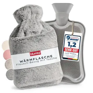 Blumtal Premium Wärmflasche mit Bezug & Tasche, auslaufsicher, aus Naturkautschuk, Flauschbezug, Grau