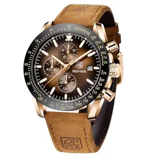 BENYAR Herrenuhr Analog Quarz Chronograph, wasserdicht mit Lederarmband, klassisch & elegant, Geschenk, Braun