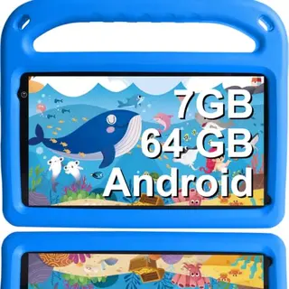 SUAAT Android Tablet 7" mit 7 GB RAM, 64 GB ROM, WLAN, Bluetooth, GPS, Doppelkamera, Kids Tablet mit Eva Case – Blau