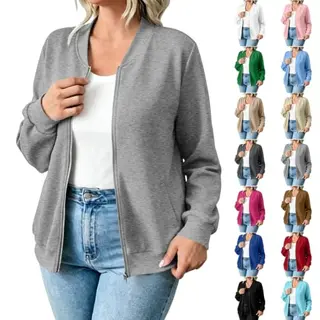 Damen Sweatjacke mit Reißverschluss, sportlich, leicht, einfarbig, locker, College-Style, Baumwolle, casual, Y2K Fliegerjacke