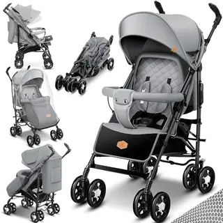 KIDIZ® City-Pro Kinderwagen Buggy klappbar mit Schlaffunktion, inkl. Moskitonetz, Fußsack und Regenverdeck, Grau