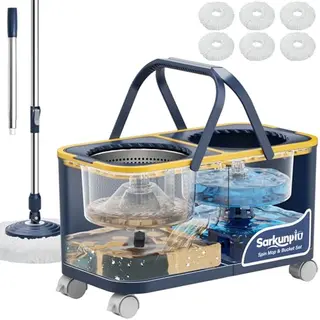 Sarkunpio Wischmopp-Set mit Eimer, 4-Kammer, 4-Rad, 360° Drehmopp, Mikrofaser für Holz, Laminat & Fliesen