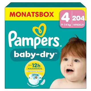 Pampers Baby-Dry Größe 4, 204 Windeln für 9-14 kg, Auslaufschutz & Komfort für die Nacht
