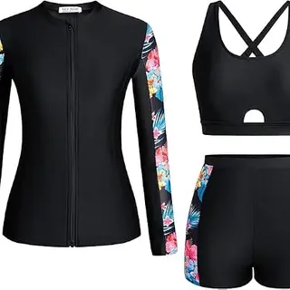 Kate Kasin Damen 3-teiliges Blumenmuster Bademode mit Reißverschluss, Tankini Set für Surfen und Schwimmen, sonnenschutz, Schwarz-Rot-Blau