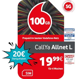 Vodafone Prepaid CallYa Allnet L mit 100 GB, 20 EUR Guthaben, ohne Vertrag, 5G, Allnet Flat und EU-Roaming