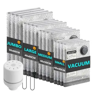 16 Vakuumbeutel für Kleidung mit Kabelpumpe, 4 Größen (40x40, 40x50, 40x60, 50x60 cm) – Platzsparende Vacuum Bags für Reise & Koffer