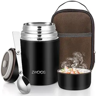ZWOOS 800 ml Thermobehälter für Essen - Auslaufsicherer Edelstahlbehälter mit Löffel, 12 Std. heiß/kalt (Schwarz)