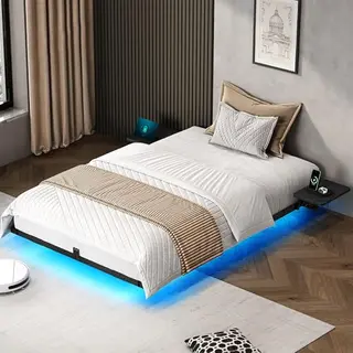 YITAHOME Bettgestell mit LED-Beleuchtung, USB-Ladestation und schwebendem Design, Metallrahmen, Stoffbezug, 90×200 cm
