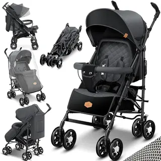 KIDIZ® City-Pro Kinderbuggy klappbar, 360° Drehräder, inkl. Moskitonetz, Fußsack und Regenverdeck, Anthrazit