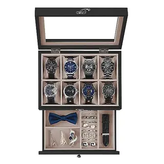 SONGMICS Uhrenbox mit 8 Fächern aus Massivholz mit Glasdeckel