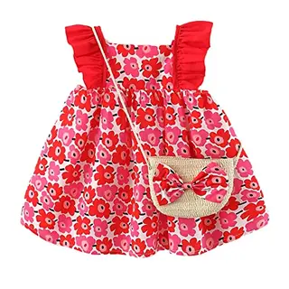 Haokaini Baby Mädchen Sommerkleid mit Blumenmuster und Erdbeere - Prinzessin Umhängetasche