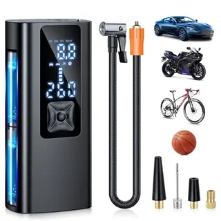 Elektrische Luftpumpe für Fahrrad & Auto - 150 PSI Akku Kompressor, tragbar mit USB-C, Taschenlampe & Powerbank