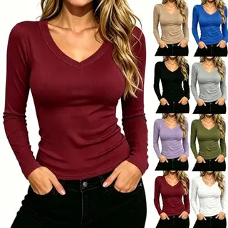 Damen Stretch-Longarmshirt, Elegant, Einfarbig, Slim Fit, Baumwolle, Teenager, Y2K Streetwear