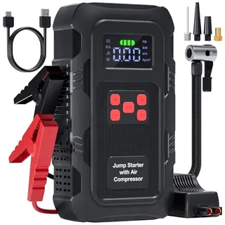 Povasee Powerbank mit Kompressor und Taschenlampe für Autos, 12V Starthilfe, 6000A, 150 PSI