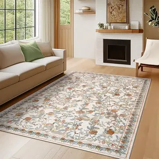 Blumen Teppich Wohnzimmer 150x210cm, Waschbar, Kurzflor, Retro-Design, Rutschfest, Weich, Antibakteriell, Faltbar, Für Schlafzimmer & Kinderzimmer