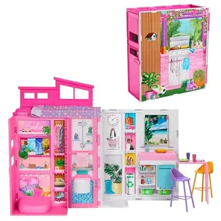 Barbie-Puppenhaus mit 4 Spielbereichen, Deko-Zubehör, Ferienhaus