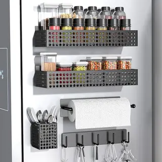 Draome 5er Magnet-Küchenregal für Kühlschrank mit Gewürzhalter & Haken