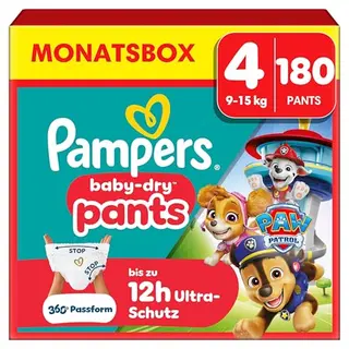 Pampers Baby-Dry Pants Paw Patrol Edition, Größe 4, 180 Windeln, 9kg-15kg, 360° Passform gegen Auslaufen