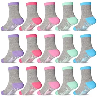 GRPSKCOS Stoppersocken für Mädchen - 15 Paar Rutschsocken (6-12 Monate, Grau)