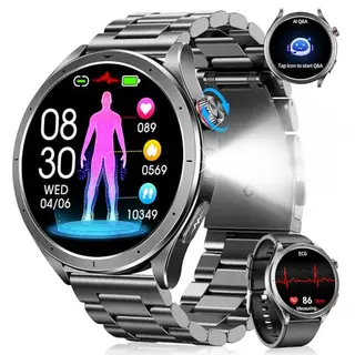 Smartwatch Herren mit Herzfrequenz, SpO2, Schlafmonitor, Blutdruck & Fitness, 1.53" Display, 5ATM, Telefon, LED-Lampe, 120+ Sportmodi, Schwarz