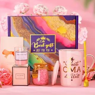 ALBISS Geschenk für Oma zum Geburtstag mit Keramiktasse, Duftkerze & Badesalz