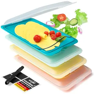 BUNDHEIM® Aufschnittboxen 4er Set – stapelbare Frischhaltedosen für Wurst mit Deckel, inkl. Kreidestift & 4 Etiketten