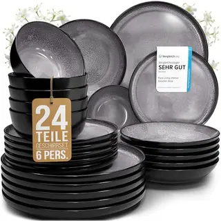 Steingut Geschirrset für 6 Personen, 24-teiliges Tafelservice in Grau, Mediterranes Design, TESTSIEGER