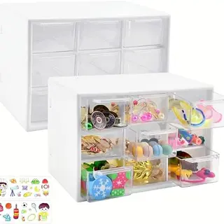 LANSKYLAN 2er-Pack Bastelbox mit 9 Mini-Schubladen, Organizer für Bürobedarf, 18x12x10cm, Weiß
