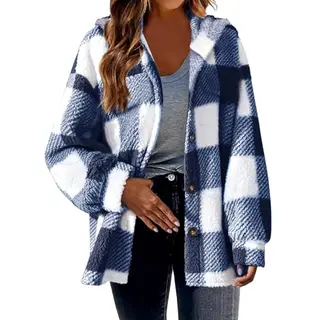 EMATOP Damen Teddy Fleece Mantel mit Karierter Kapuze, Warm, Flauschig, Winterjacke, Sport-, Plüsch- und Sweatshirt-Style