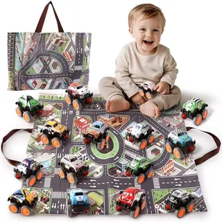 Varrotoy 15 Stück Mini Rennwagen Set mit Spielmatte - Reibungsbetriebene Autos für Kinder ab 3 Jahren
