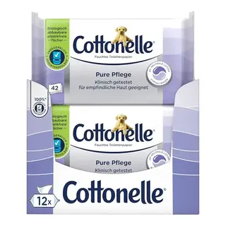 Cottonelle Feuchtes Toilettenpapier Pure Pflege, hypoallergen, parfümfrei, 12 x 42 Tücher