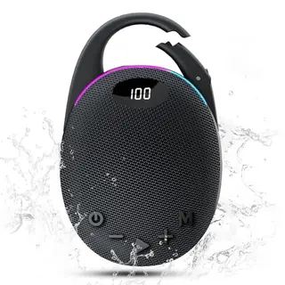 Tragbarer Bluetooth Lautsprecher mit LED, Karabiner, kraftvollem Bass und 25 Std Akku für Outdoor/Party