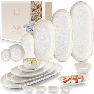Servierplatten-Set Korfu, 11 Teile, Geschirr aus Steingut, spülmaschinenfest, Creme mit Sandstruktur