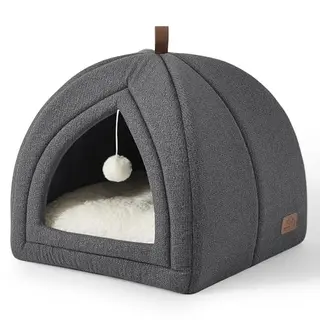 BEDSURE Katzenbett für große Katzen - 40x40x40 cm Katzenhaus mit abnehmbarem Kissen und Spielzeug, waschbar, dunkelgrau