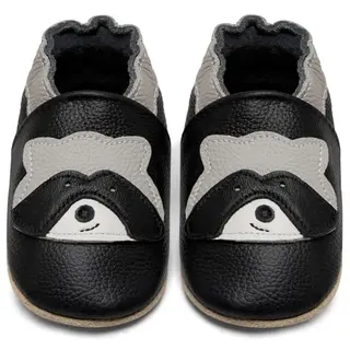 IceUnicorn Krabbelschuhe für Babys, weiche Lederschuhe, rutschfeste Hausschuhe (Schwarzer Waschbär, 0-6 Monate)