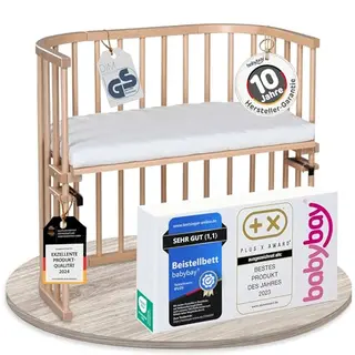babybay Original Beistellbett aus Buchenholz – kompakt, umweltfreundlich und höhenverstellbar inkl. Matratze (Natur lackiert)