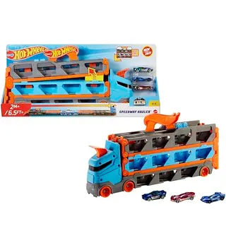 Hot Wheels Autorennbahn mit Transporter, 3 Spielzeugautos und Doppelstarter, für Kinder ab 4 Jahren