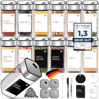 Miorkly 12 Gewürzgläser mit Drehdeckel, 120ml, Edelstahl & Glas, inklusive Trichter, Etiketten & Stift